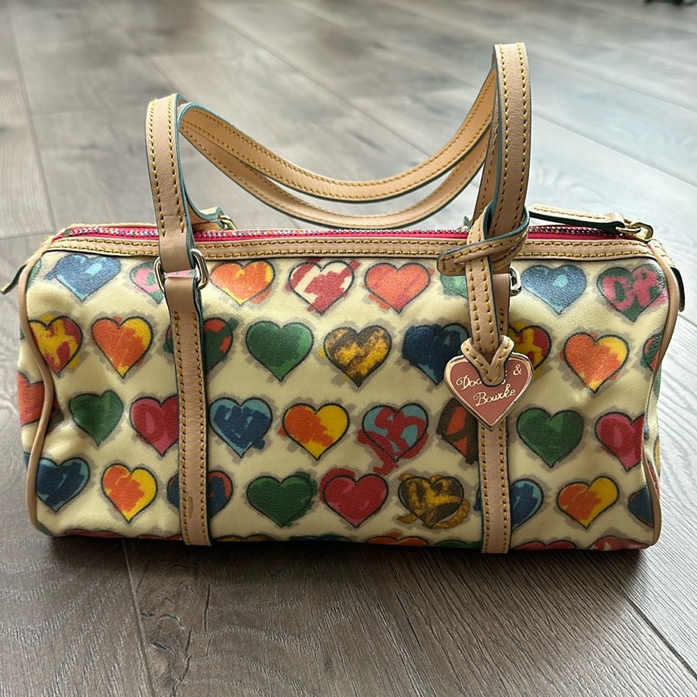 Dooney & Bourke Multicolor Heart Print Barrel Satchel with Leather Trim